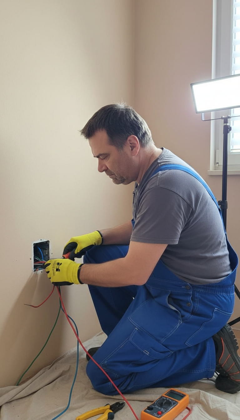 Električar u Zaklopaci u radnom odelu i rukavicama popravlja električne instalacije u zidu uz profesionalni alat.