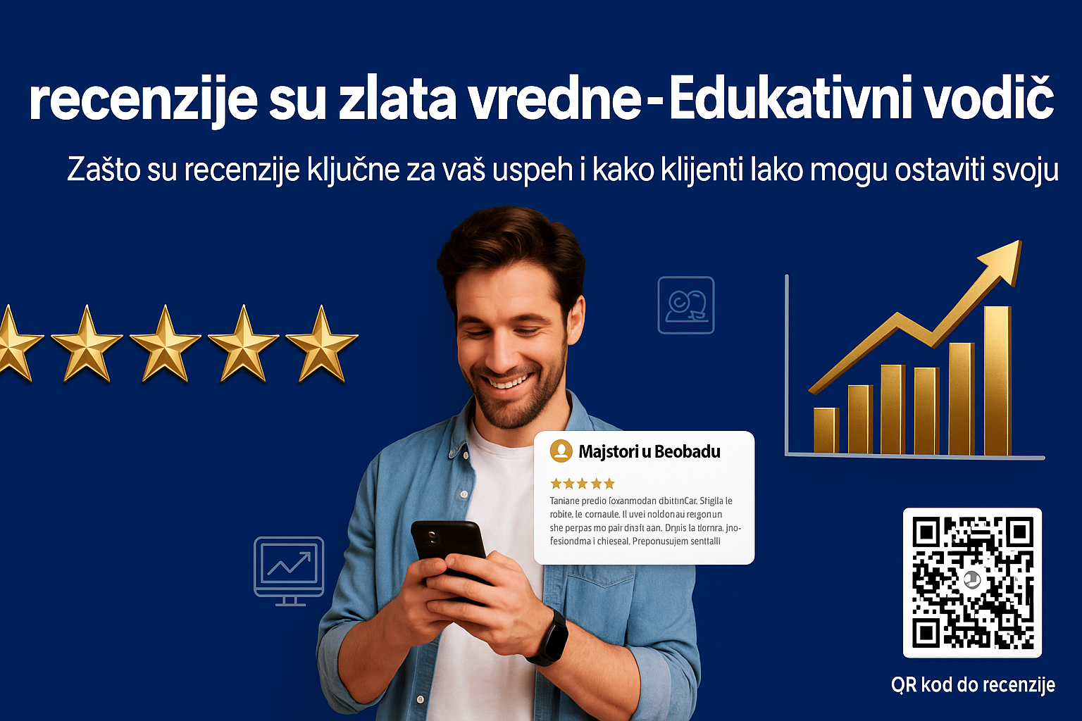 Mušterija gleda telefon sa recenzijom, pet zlatnih zvezdica, grafikon rasta i QR kod za ostavljanje recenzije na platformi Majstori u Beogradu.