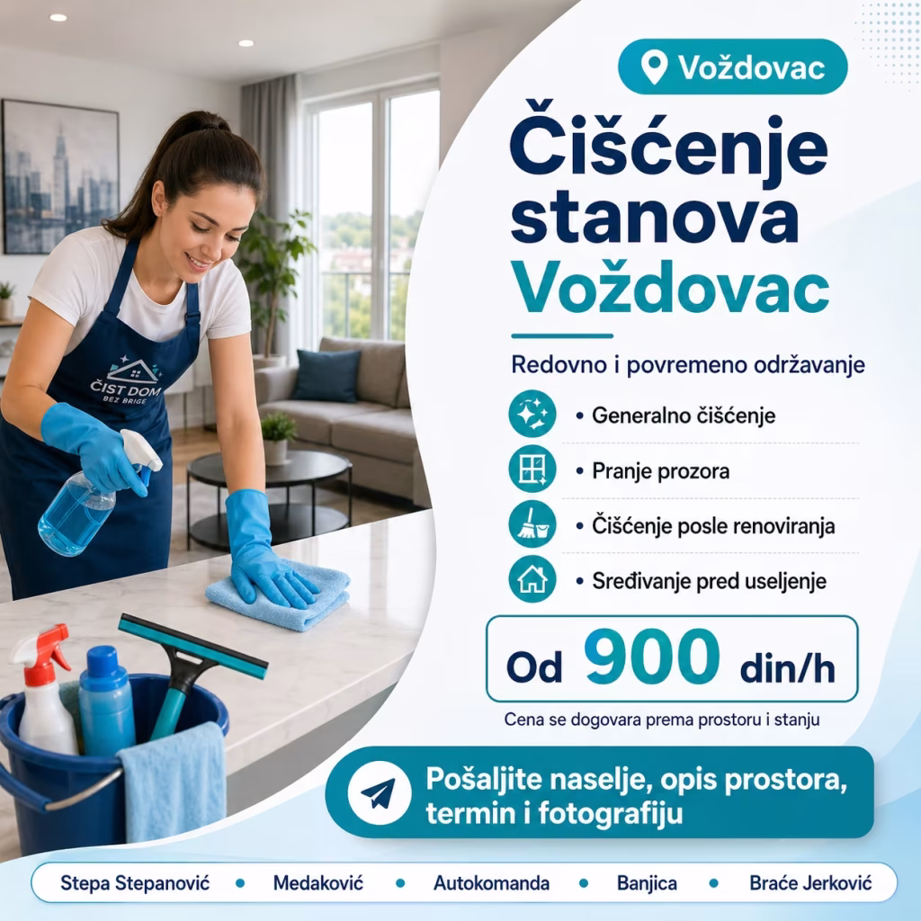 Či&scaron;ćenje stanova Voždovac, radnica bri&scaron;e povr&scaron;inu u modernom stanu uz opremu za pranje prozora.