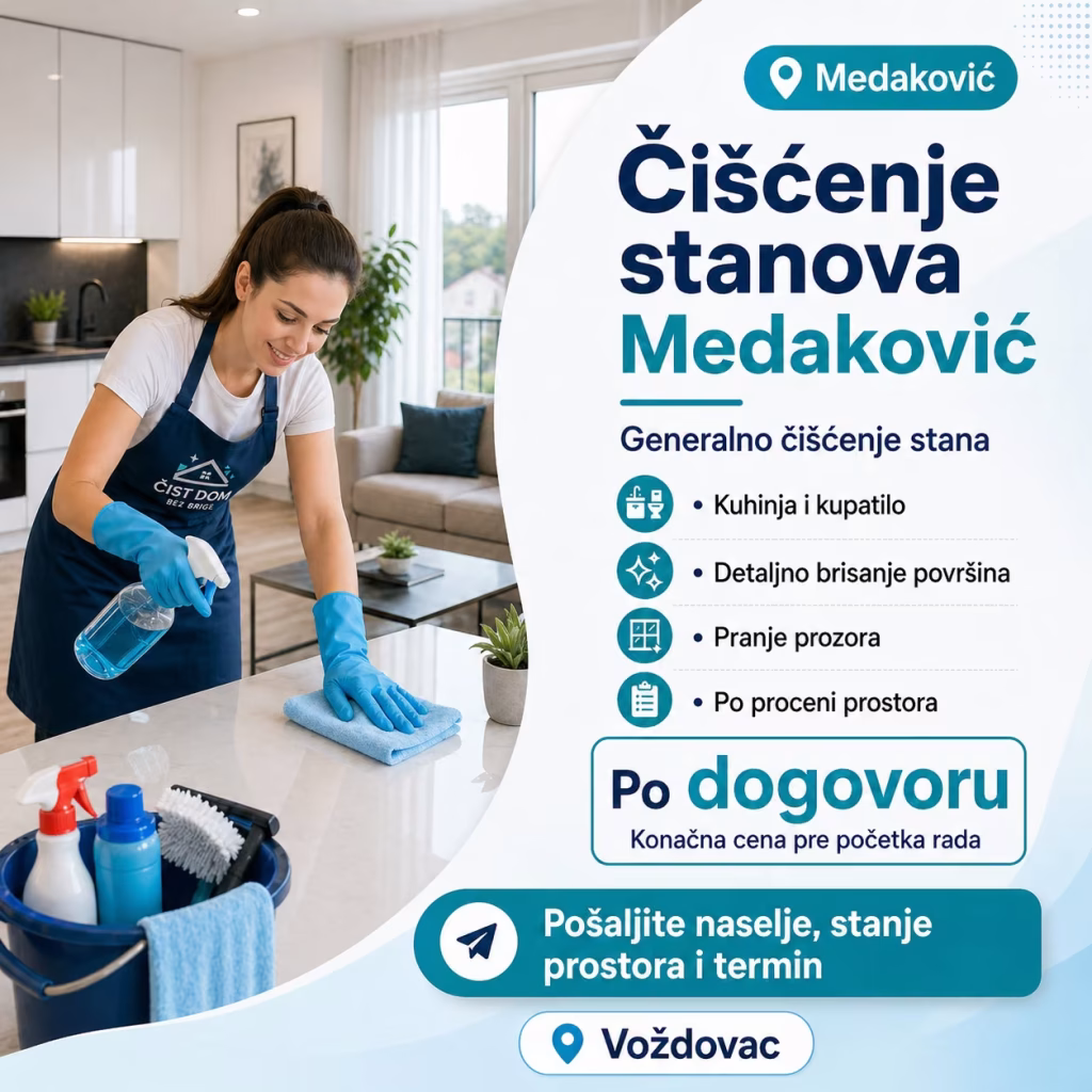 Generalno či&scaron;ćenje stana Medaković, radnica bri&scaron;e sjajnu povr&scaron;inu u kuhinji i dnevnom boravku.