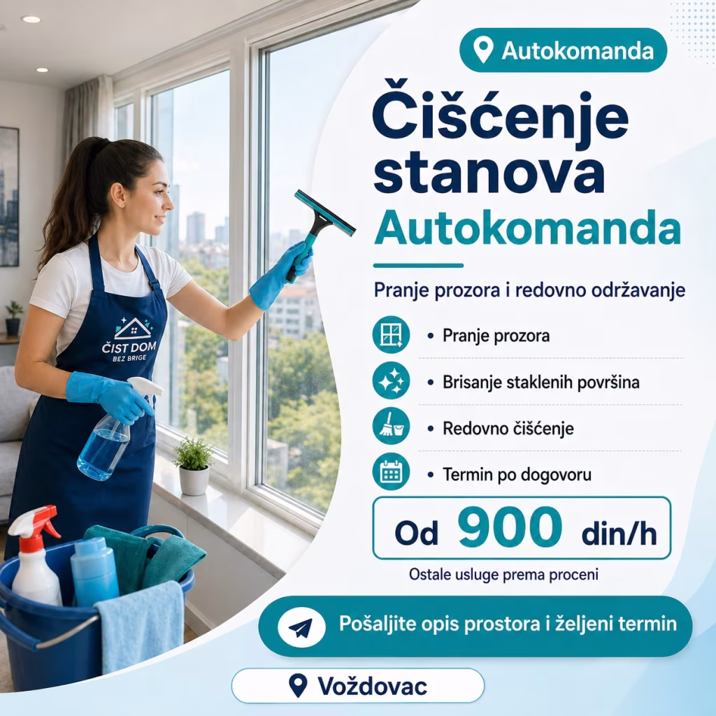Pranje prozora u stanu na Autokomandi, radnica čisti velike staklene povr&scaron;ine uz opremu za održavanje.