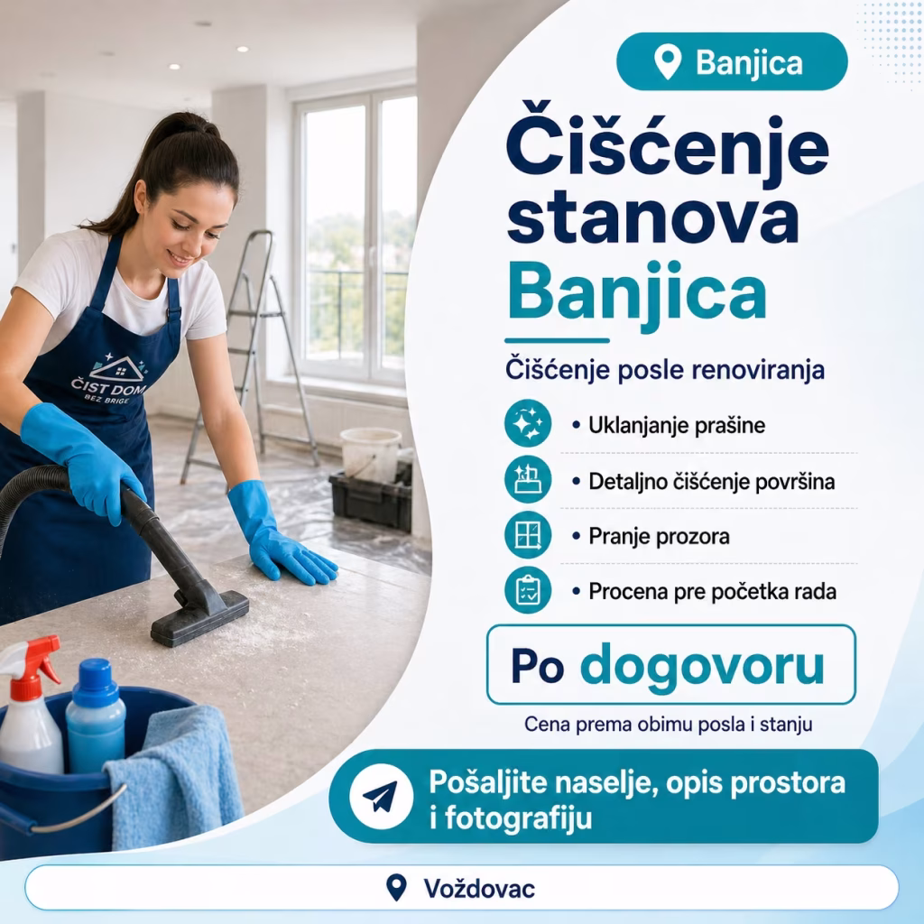 Či&scaron;ćenje posle renoviranja na Banjici, radnica usisava pra&scaron;inu sa povr&scaron;ine u svetlom stanu.