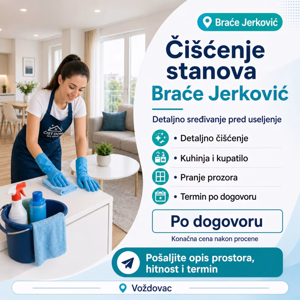 Sređivanje stana pred useljenje u Braće Jerković, radnica bri&scaron;e sto u čistom i svetlom dnevnom boravku.