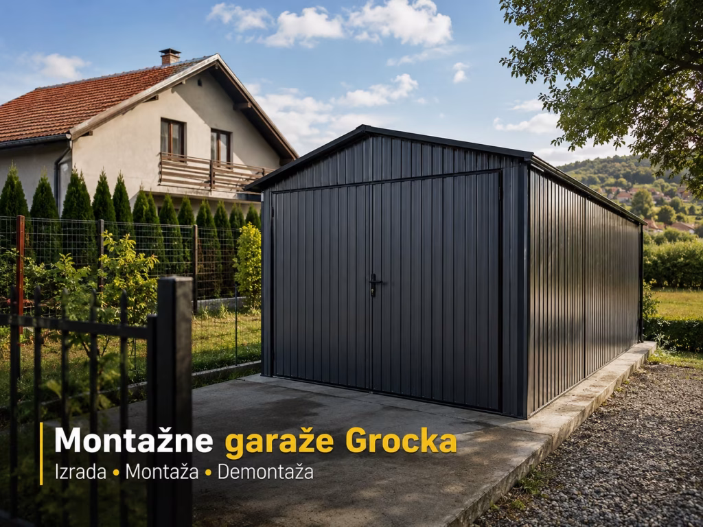 Tamna montažna metalna garaža na betonskoj podlozi u dvorištu u Grockoj.