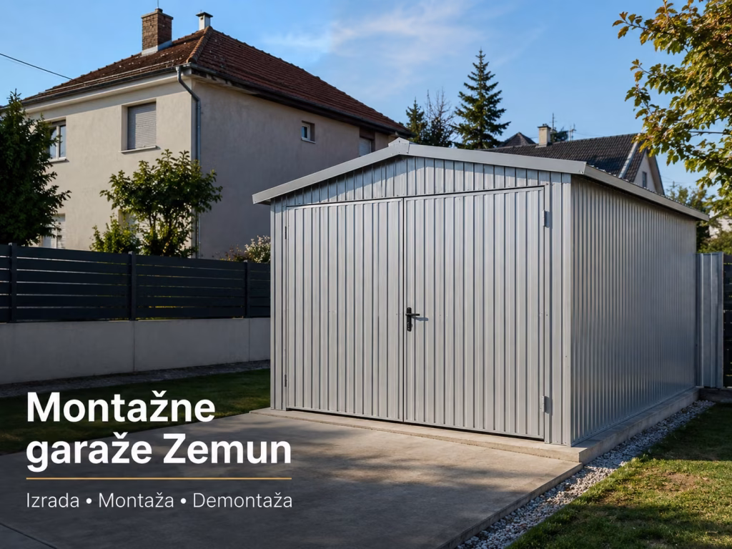Montažna metalna garaža sa dvokrilnim vratima u dvori&scaron;tu u Zemunu.
