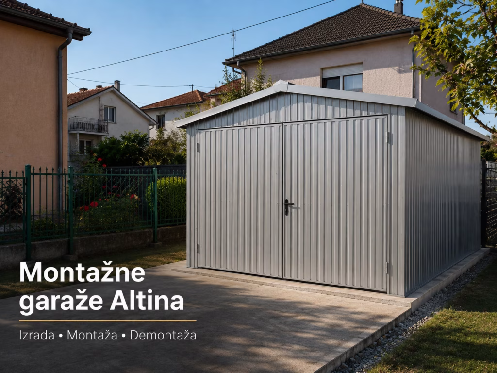 Montažna metalna garaža sa dvokrilnim vratima u dvori&scaron;tu u Altini, Zemun.