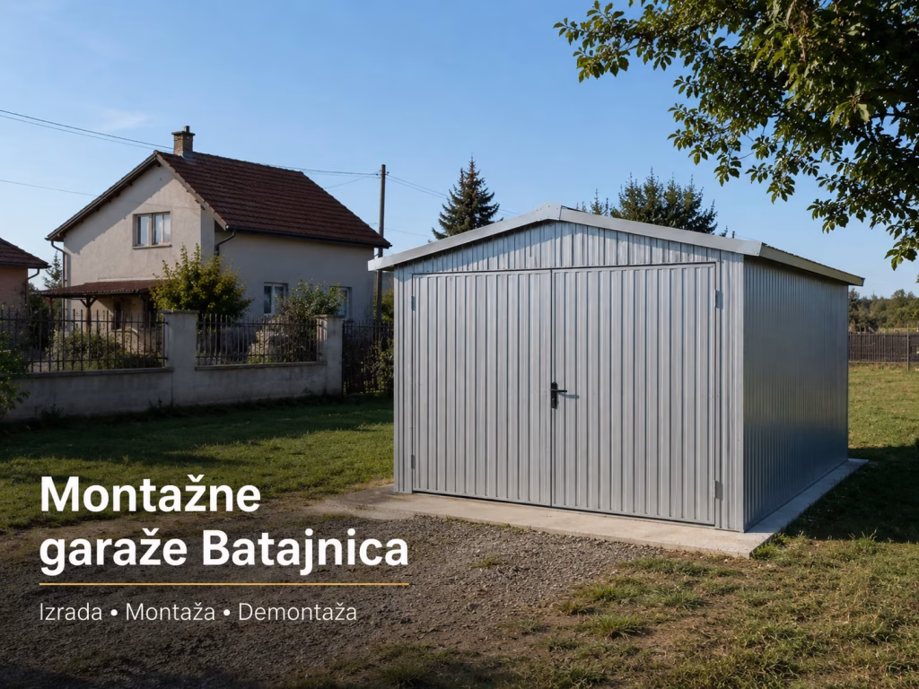 Montažna metalna garaža na betonskoj podlozi u dvori&scaron;tu u Batajnici, Zemun.