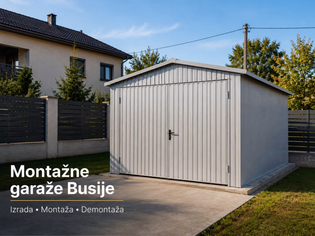 Montažna metalna garaža sa dvokrilnim vratima u dvori&scaron;tu u naselju Busije, Zemun.