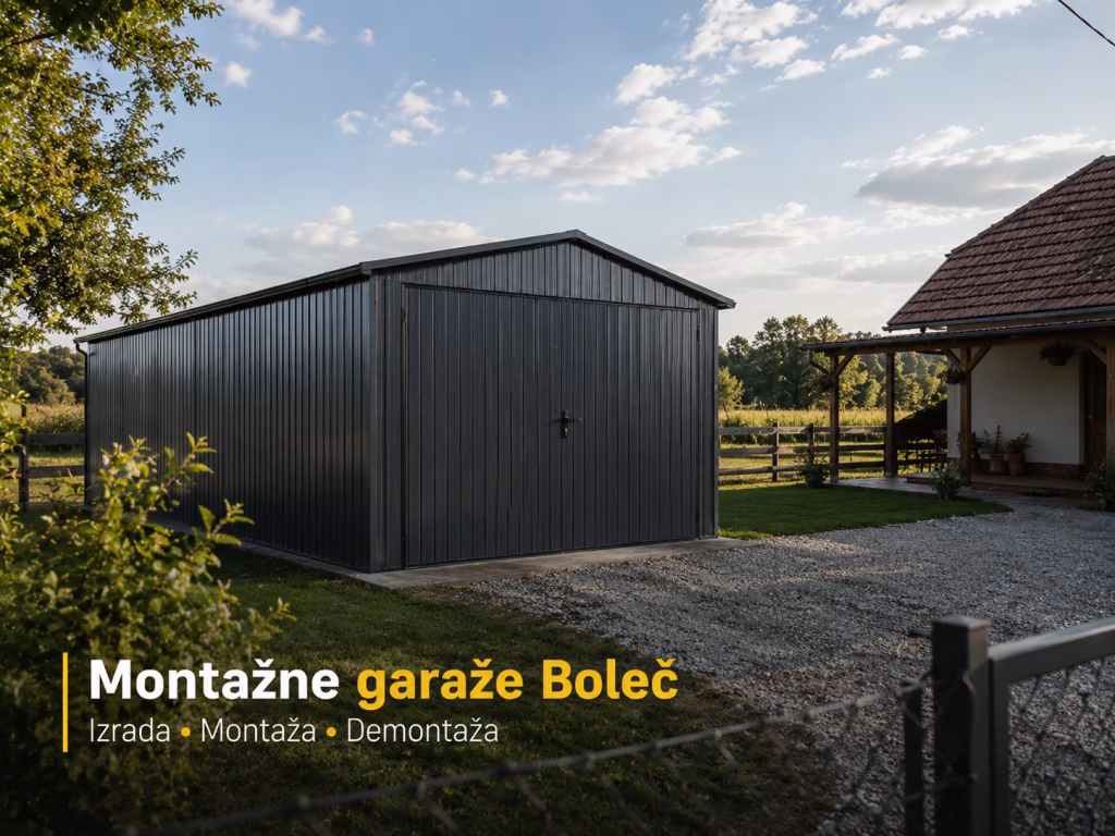 Montažna metalna garaža u Boleču, postavljena uz šljunkoviti prilaz i dvorište.