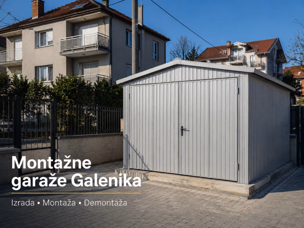 Montažna metalna garaža sa dvokrilnim vratima u dvori&scaron;tu u Galenici, Zemun.