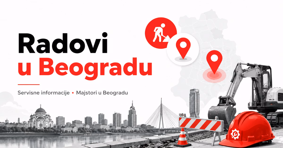 Radovi u Beogradu prikazani kroz gradili&scaron;te, bager, barijeru, mapu lokacije i panoramu grada