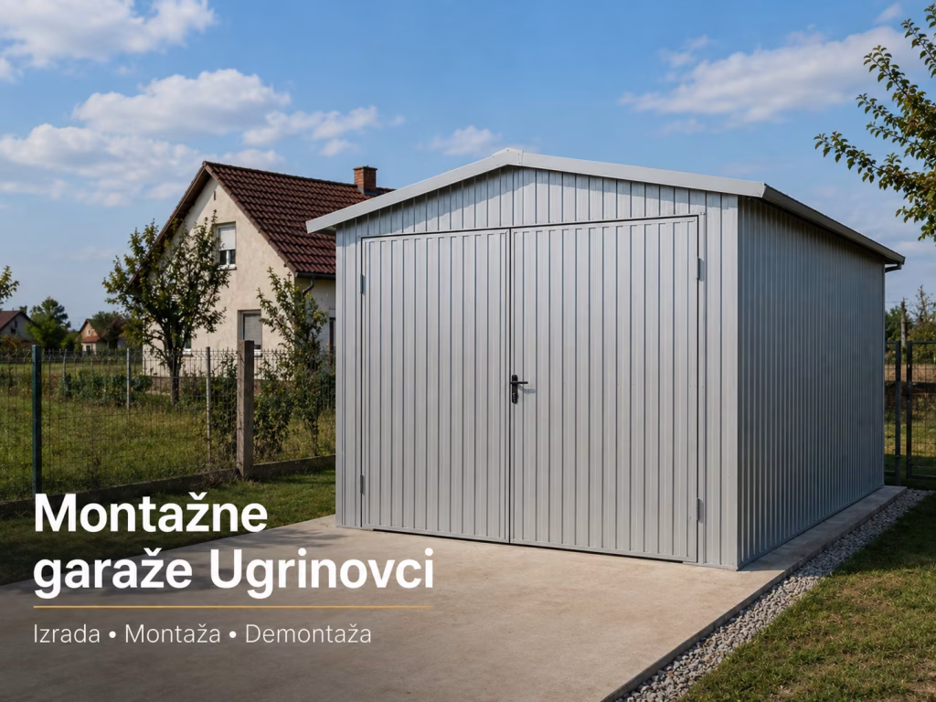 Montažna metalna garaža na betonskoj podlozi u dvori&scaron;tu u Ugrinovcima, Zemun.