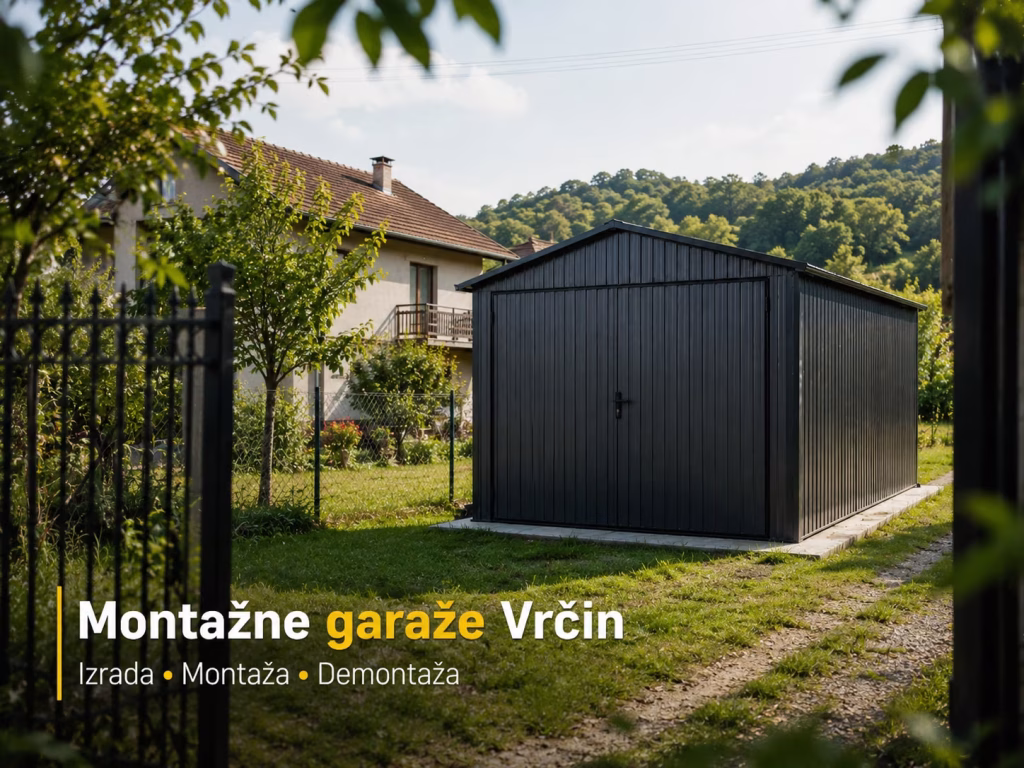 Montažna metalna garaža na placu u Vrčinu, sa zelenilom i pristupnim putem.