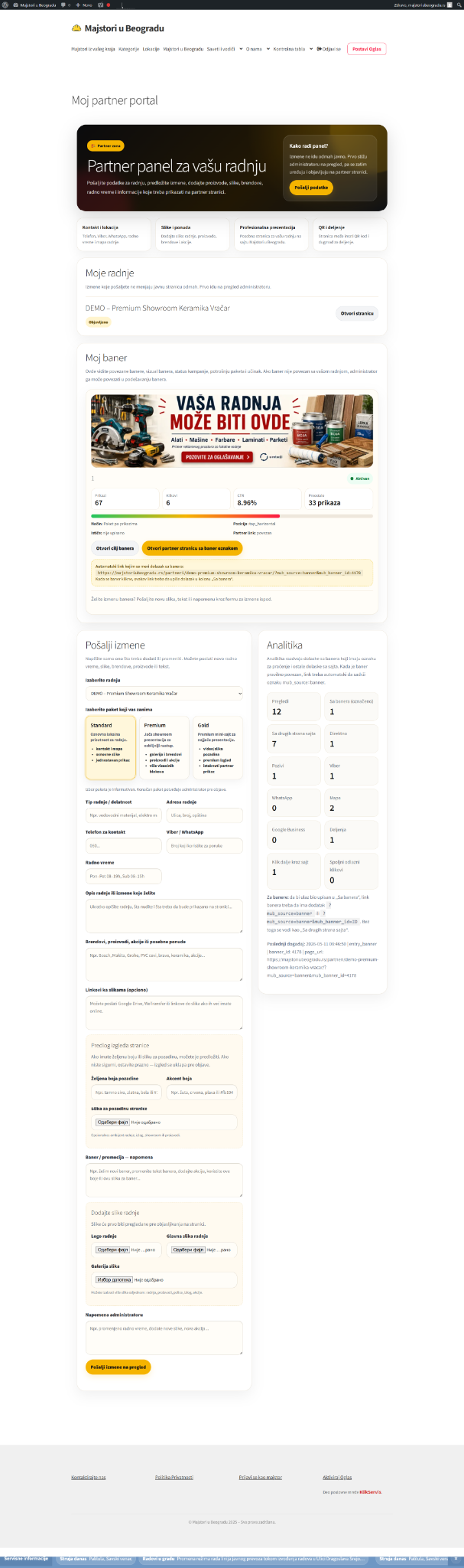 Moj partner portal sa analitikom i banerom