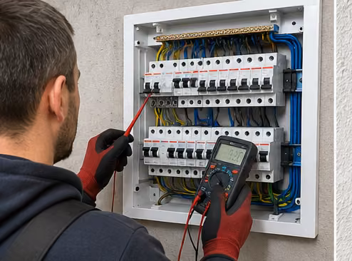 Električar u Barajevu proverava razvodnu tablu i automatske osigurače pomoću mernog instrumenta.