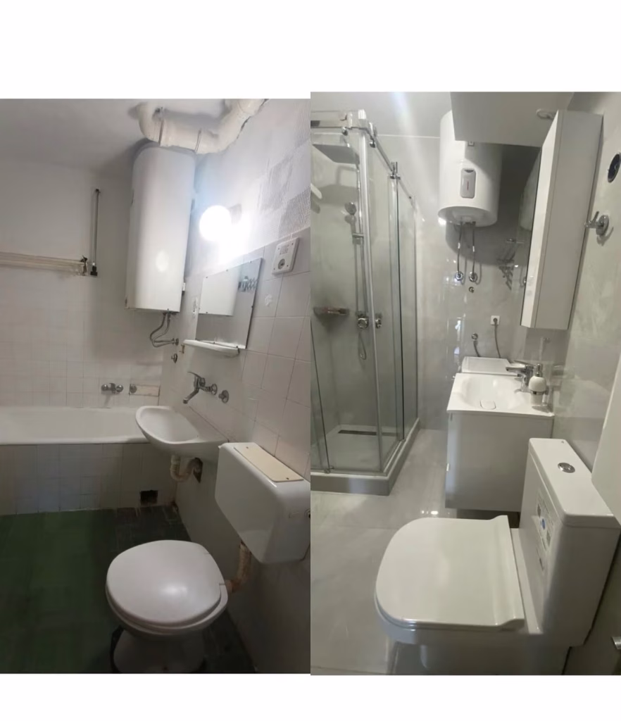 Kupatilo pre i posle adaptacije sa tu&scaron; kabinom, bojlerom, lavaboom i WC &scaron;oljom u Obrenovcu