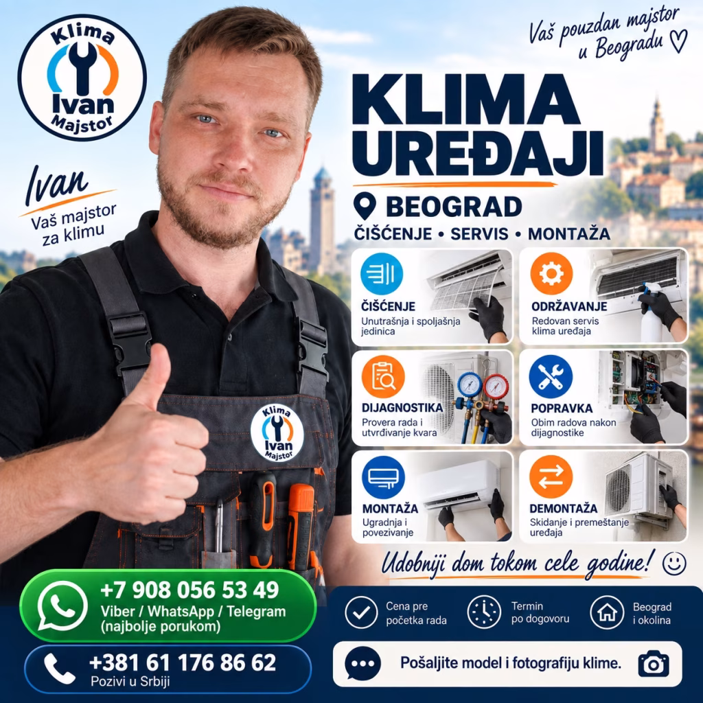 Promotivna slika usluga či&scaron;ćenja, servisa i montaže klima uređaja, za oglas na Lionu