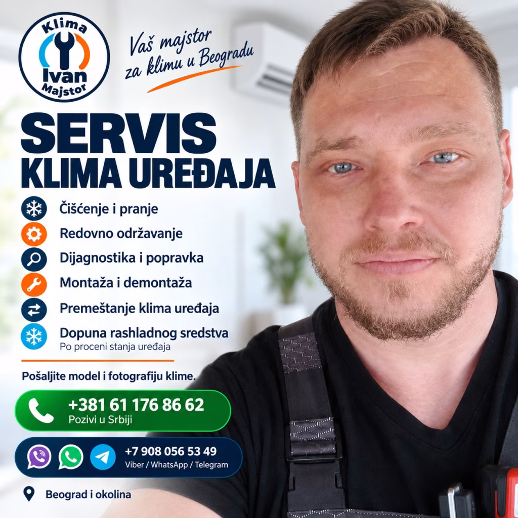 Ivan Majstor uz spisak usluga či&scaron;ćenja, servisa i montaže klime, za oglas u Mirijevu